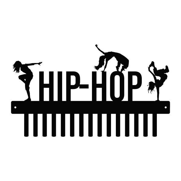 Black steel medal hanger with the word 'HIP-HOP' and three female dancers in various poses on top. Features 15 hooks for hanging medals.